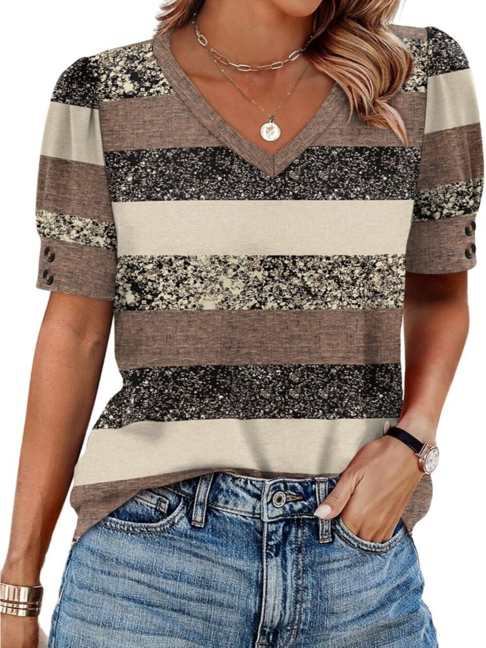Women's Multi Strips V-neck Puff Short Sleeve Button Cuff Summer Blouse Tee Top